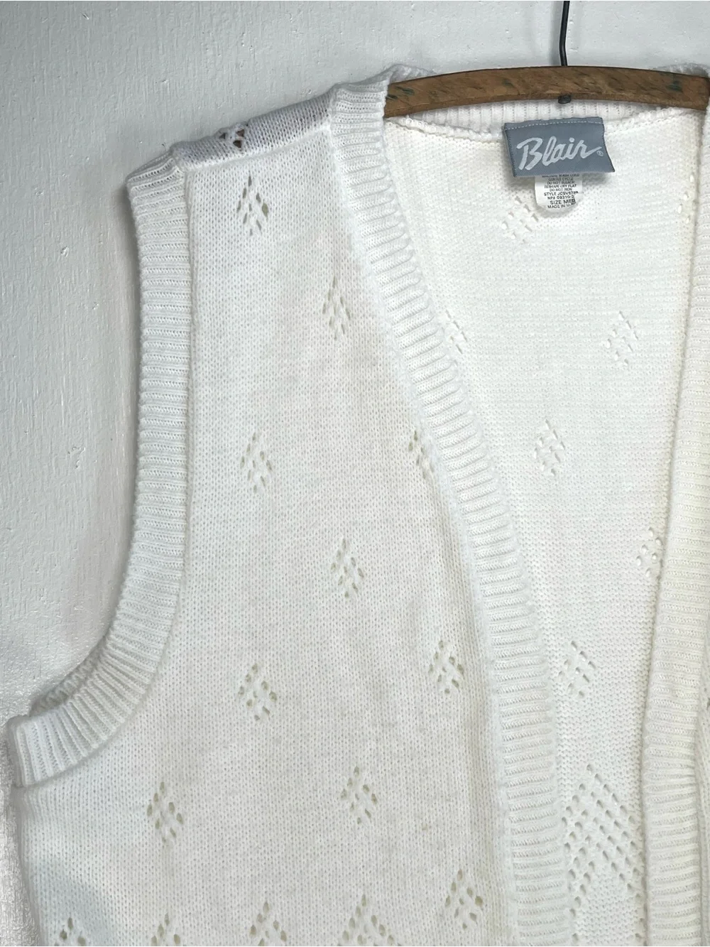 Blair Vintage White Pointelle Knit Open Front Sweater Vest Medium Crochet Boho